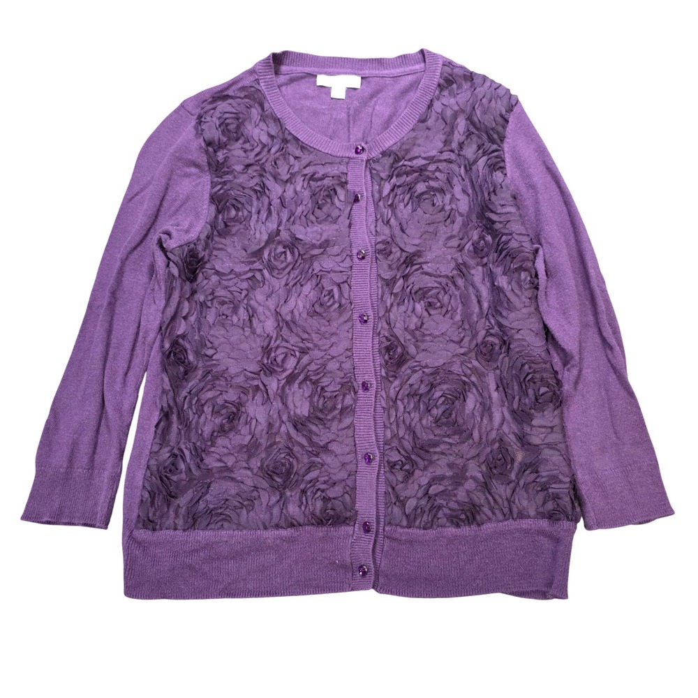 New York & Company Button Front Cardigan Women's Size M Purple Rosette Overlay